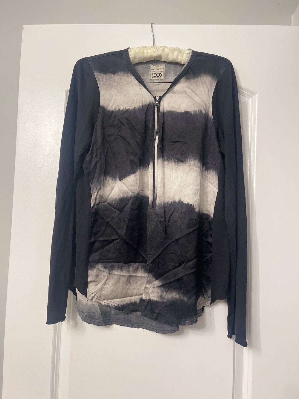 Y2k Go By Go Silk New York Zip Front Blouse M Washable Silk Marble Abstract